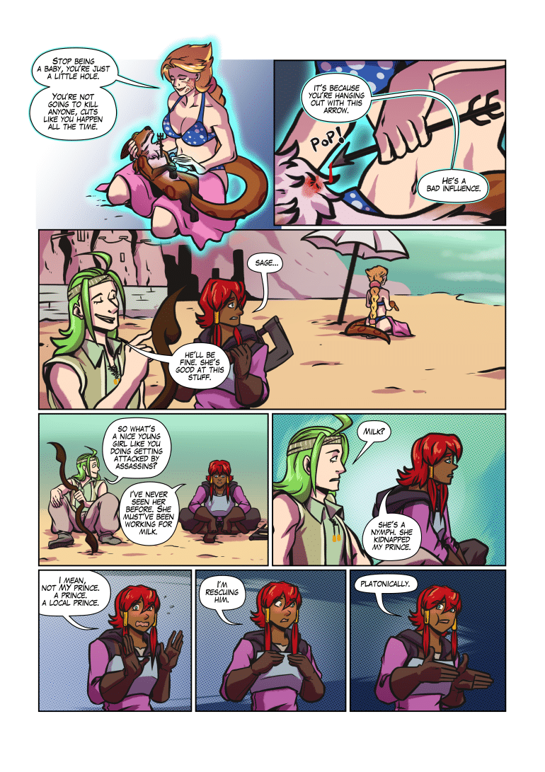 Saffron claims her interest in her prince is non-sexual, as Liri removes a phallic object from a whole 
A better writer would have arranged the panels to make Liri's actions illustrative of Saffron's words, but the writer we have didn't notice that potential until the page was finished.